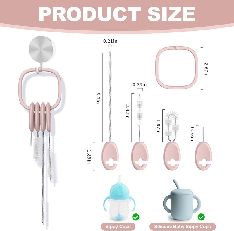 YOTIME Standing Straw Cleaner Brush Set, 4in1 Reusable Straw Brushes with Holder Ring, for Baby Bottles, Sippy Cups and Lids, Pink - Image 2